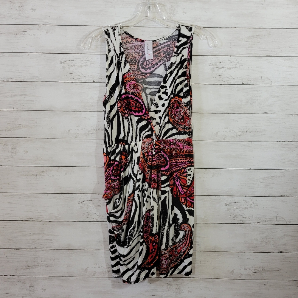 5th Culture Mixed Print Faux Wrap Dress Zebra & Paisley Black White Pink Small